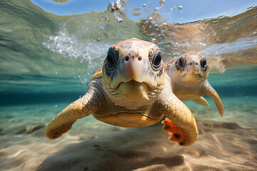 Obraz premium Two Green Sea Turtle giving a while swimming in crystal clear water. 