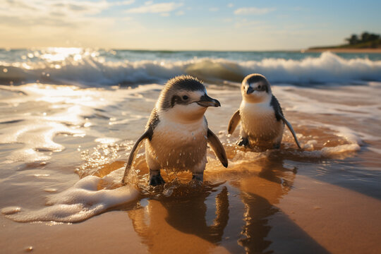 Two penguins coming ashore from ocean.