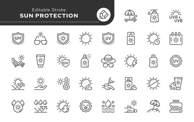 Line icon set. Sun protection. Tanning and sunscreen. UV protection. Vector icon pack. Web icons in outline linear style. - obrazy, fototapety, plakaty