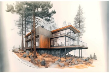 Architectural drawing of a modular offgrid cabin in the eastern sierra mountains perspective view pencil drawing with color accents simple design 