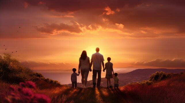 Happy large family: mother, father, children son and daughters on sunset view from back- generative AI, fiction Person
