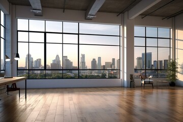 Open loft office with skyline vista, wide windows, white walls, and blank canvas. Generative AI