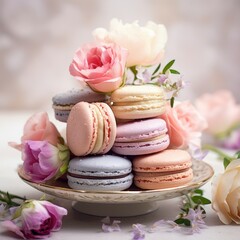 macaroon cake in plate and flowers