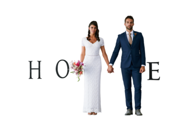 Isolated portrait, wedding and couple holding hands in union with home text on transparent background for start of marriage. Flowers, love or trust with a man and woman on PNG as bride and groom