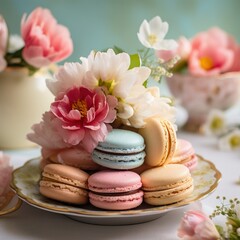 Obraz na płótnie Canvas macaroon cake in plate and flowers