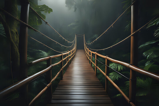 Fototapeta Wooden rope bridge in the rainy forest park