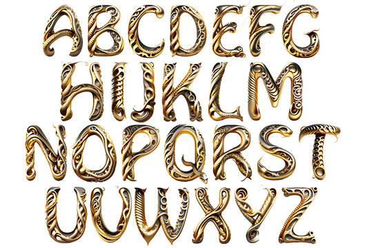 Golden metal snake skin alphabet design isolated on white background.