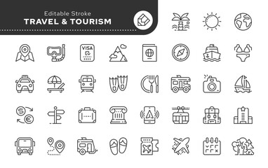 Line icon set. Travel and tourism. Vacation, hotel stay and trip to the sea. Entertainment at the resort. Cruise. Vector icon pack. Web icons in outline linear style.