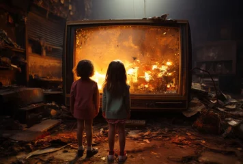 Deurstickers Deux enfants devant une télévision dans le style rétro © ✿🌸 Mykmicky 🌸✿