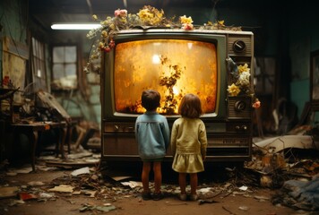 Deux enfants devant une télévision dans le style rétro