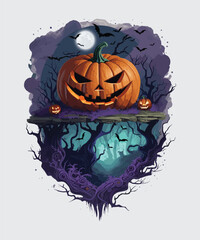 Vector halloween pumpkin design with dead trees and bats background
