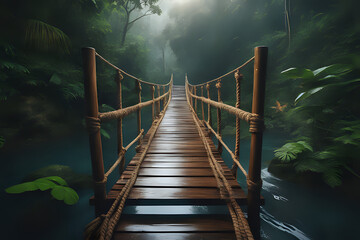 Naklejka premium Wooden rope bridge in the rainy tropical jungle