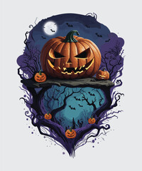 Vector halloween pumpkin design with dead trees and bats background
