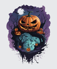 Vector halloween pumpkin design with dead trees and bats background