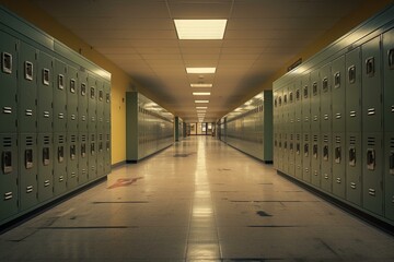 an empty school hallway with vandalized lockers. Generative AI