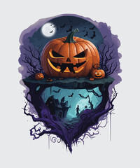 Vector halloween pumpkin design with dead trees and bats background