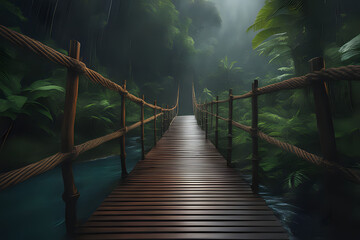 Obraz premium Wooden rope bridge in the rainy forest over the river