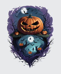 Vector halloween pumpkin design with dead trees and bats background