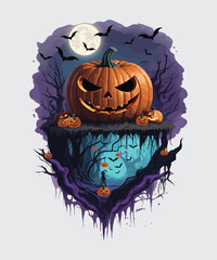 Vector halloween pumpkin design with dead trees and bats background