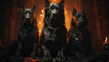 Alegoric recreation of heads of three black dogs as Cerberus dog, hound of Hades, hell gates keeper