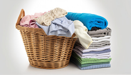Stack of clean clothes and Wicker basket with clean laundry isolated on a white background. Generative AI