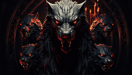 Alegoric terrorific recreation of heads of dogs as Cerberus dog, hound of Hades, hell gates keeper