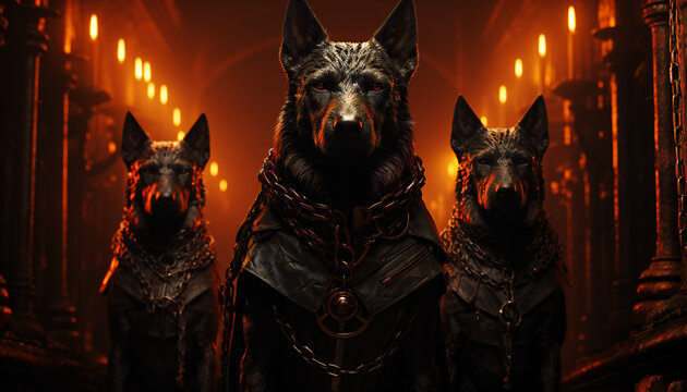 Alegoric recreation of three dogs as Cerberus dog, hound of Hades, hell gates keeper