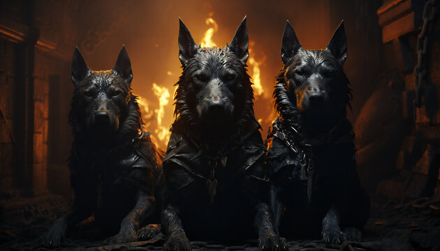 Black dogs, Alegoric recreation of Cerberus dog, hound of Hades, hell gates keeper	