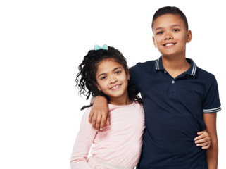 Mexican, portrait and siblings with kids, hugging and isolated on a png transparent background with big brother, sister and casual clothes. Happiness, family and embrace with care, love and together