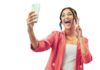 Isolated woman, selfie and peace sign for fashion, makeup or style on web blog by transparent png background. Gen z girl, influencer or excited memory, photography or profile picture in edgy clothes