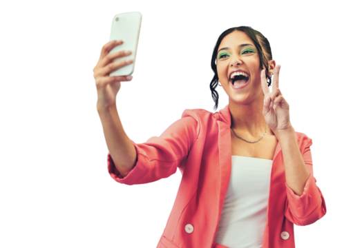 Isolated woman, selfie and peace sign for fashion, makeup or style on web blog by transparent png background. Gen z girl, influencer or excited memory, photography or profile picture in edgy clothes