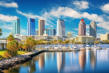 Fototapeta na wymiar Tampa's cityscape, overlooking Hillsborough Bay, Riverwalk, and downtown skyline. Generative AI