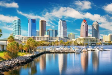 Deurstickers Tampa's cityscape, overlooking Hillsborough Bay, Riverwalk, and downtown skyline. Generative AI © Donald