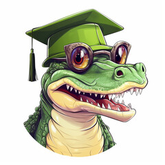 kolorowa ilustracja wesołego krokodyla jako absolwenta uczelni w stroju galowym w todze i birecie.
