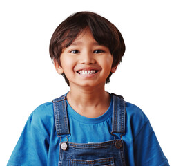 Portrait, children and smile of a cute asian kid isolated on transparent background with youth or...