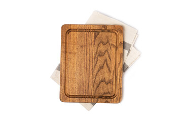 Wooden cutting board isolated on white background. Wooden kitchen board and kitchen towel. Design.MOCKUP. Kitchenware.