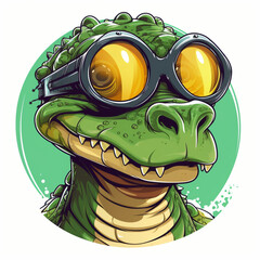 kolorowy kreskówkowy portret uśmiechniętego krokodyla w okularach.