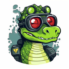kolorowy kreskówkowy portret uśmiechniętego krokodyla w okularach.