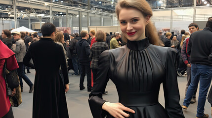 Obraz premium Eine lächelnde Frau auf einer Textil - Messe Kleider, Blusen, Kostüme