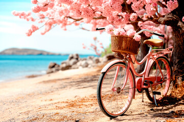 Abandoned pink bicycle standing on  sandy beach by the sea