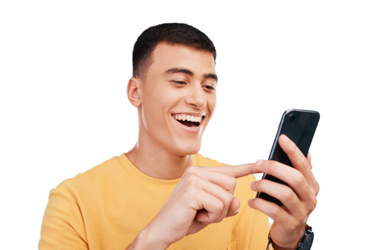 Phone, funny and man typing on social media, internet and reading meme online. Laughing person on smartphone, comedy app and watch video, communication and isolated on a transparent png background