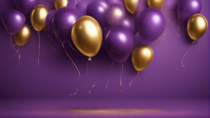 golden and purple balloons with particles banner template - obrazy, fototapety, plakaty