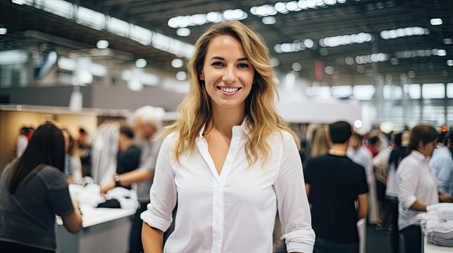 Eine l&auml;chelnde Frau auf einer Textil - Messe Kleider, Blusen, Kost&uuml;me