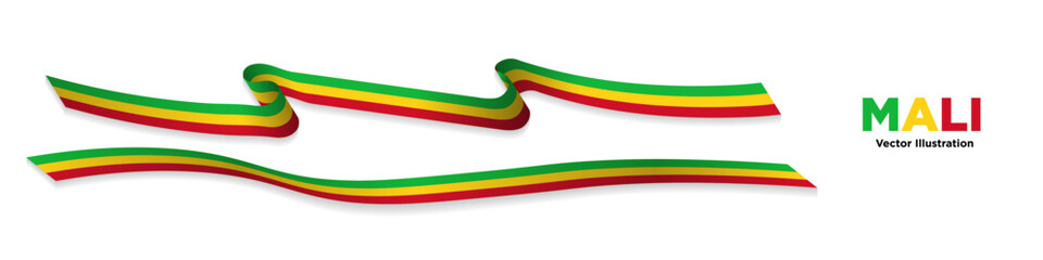 3d Rendered Republic of Mali Flag Ribbons with shadows, isolated on white background. Curled and rendered in perspective. Graphic Resource. Editable Vector Illustration.
