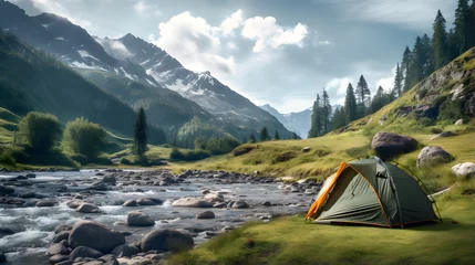 Fototapeten a tent standing near a mountain river © Rangga Bimantara