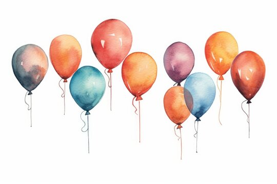 Watercolor balloons in various shapes and sizes on white background. AI generated