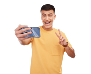 Man, selfie and peace sign for social media for online connection as isolated png on transparent background. Male person, influencer and video call with internet network or wireless communication
