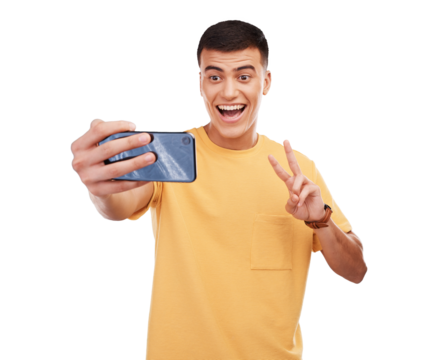 Man, selfie and peace sign for social media for online connection as isolated png on transparent background. Male person, influencer and video call with internet network or wireless communication