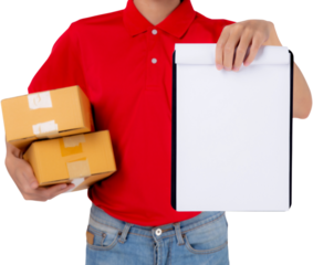 Portrait young asian man carrying box and showing document blank and presenting, employee hold package, courier and delivery, transportation and service, logistic and cargo.