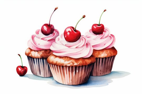 Watercolor cupcakes with cherry toppings on white background. AI generated